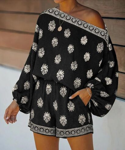 REASERAL Womens Jumpsuits Bohemian Off Shoulder Lattern Sleeve Vacation Outfit High Waist Shorts Loose Fit Summer Rompers in Kuwait