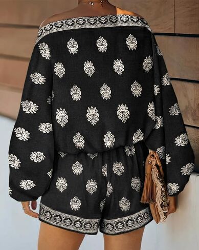 REASERAL Womens Jumpsuits Bohemian Off Shoulder Lattern Sleeve Vacation Outfit High Waist Shorts Loose Fit Summer Rompers in Kuwait