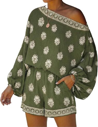 REASERAL Womens Jumpsuits Bohemian Off Shoulder Lattern Sleeve Vacation Outfit High Waist Shorts Loose Fit Summer Rompers in Kuwait
