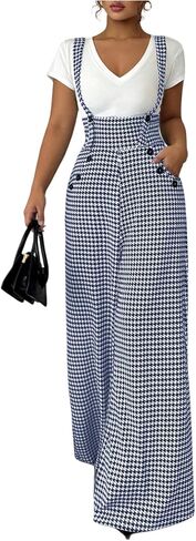 Women's Elegant Houndstooth Wide Leg Jumpsuits Old Money Button Front Work Suspender Pants with Pockets in Saudi Arabia