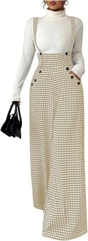 Women's Elegant Houndstooth Wide Leg Jumpsuits Old Money Button Front Work Suspender Pants with Pockets in Saudi Arabia