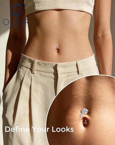 OUFER 14G Teardrop Dangle Belly Button Ring Implant Grade Titanium CZ Internally Threaded Navel Ring 10mm Bar Length Belly Piercing Jewelry Hypoallergenic Body Jewelry for Women in Kuwait
