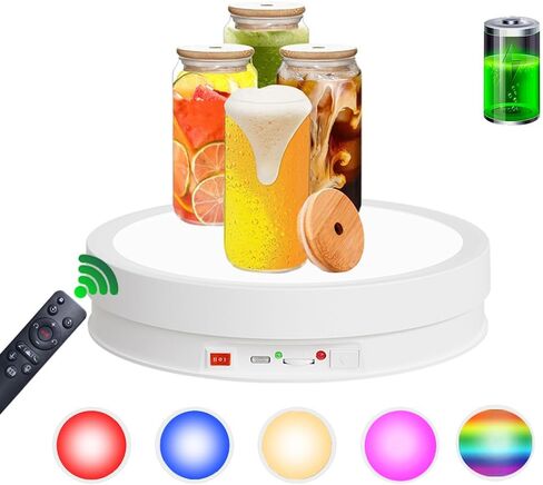JAYEGT Variety Colors Full Panel LED Luminous Rotating Display Stand , 11 Lbs Load, 360 Degree Photography Turntable for Glass Crystal , Jewelry (6.3inch / 5Color LED Light / White/Rechargeabl) in Saudi Arabia