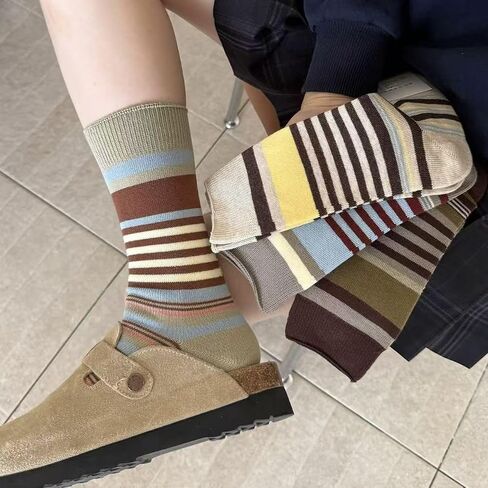 Women's Striped Crew Socks - Soft Combed Cotton Mid-Calf Breathable Moisture Wicking Tube Socks for Daily Work Walking in Saudi Arabia