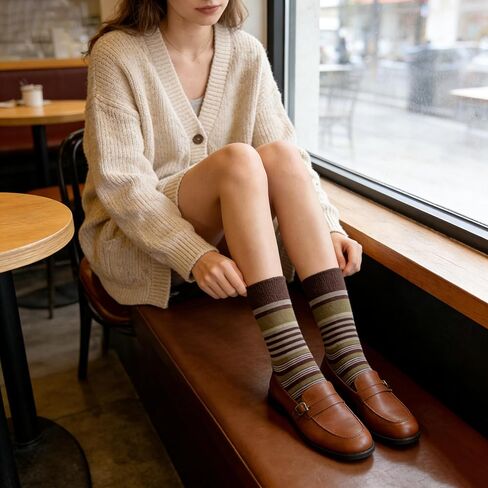 Women's Striped Crew Socks - Soft Combed Cotton Mid-Calf Breathable Moisture Wicking Tube Socks for Daily Work Walking in Saudi Arabia