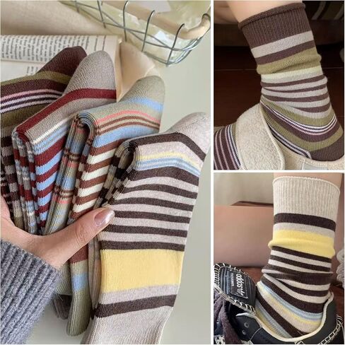 Women's Striped Crew Socks - Soft Combed Cotton Mid-Calf Breathable Moisture Wicking Tube Socks for Daily Work Walking in Saudi Arabia
