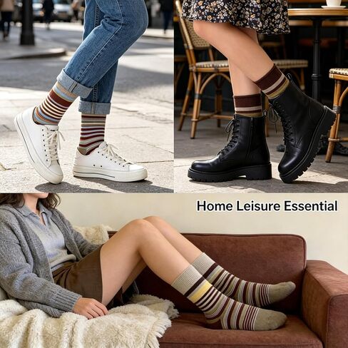 Women's Striped Crew Socks - Soft Combed Cotton Mid-Calf Breathable Moisture Wicking Tube Socks for Daily Work Walking in Saudi Arabia