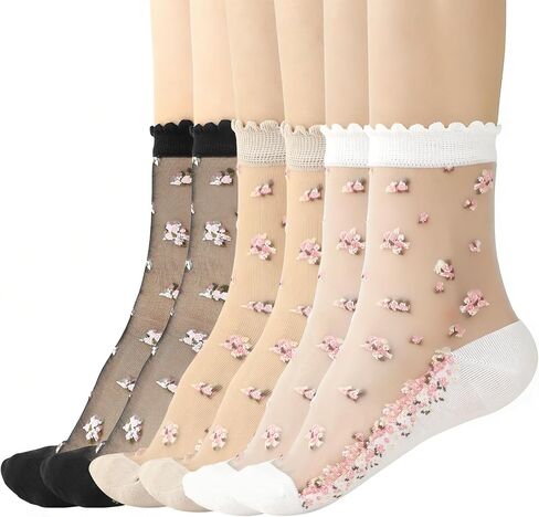 6 Pairs Women's Mesh Sheer Floral Socks Summer Thin Cool Transparent Stocking Ultrathin Lace Socks for Girls Womens in Kuwait