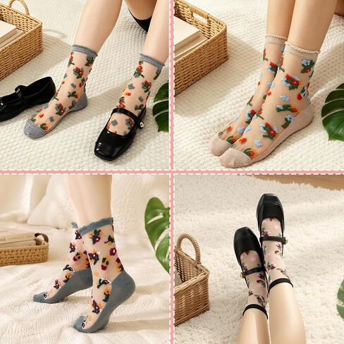 6 Pairs Women's Mesh Sheer Floral Socks Summer Thin Cool Transparent Stocking Ultrathin Lace Socks for Girls Womens in Kuwait