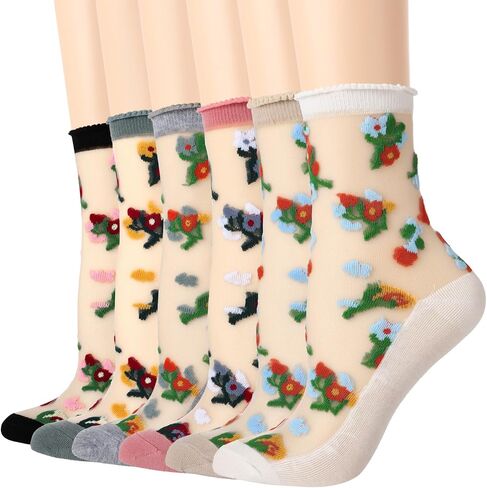 6 Pairs Women's Mesh Sheer Floral Socks Summer Thin Cool Transparent Stocking Ultrathin Lace Socks for Girls Womens in Kuwait
