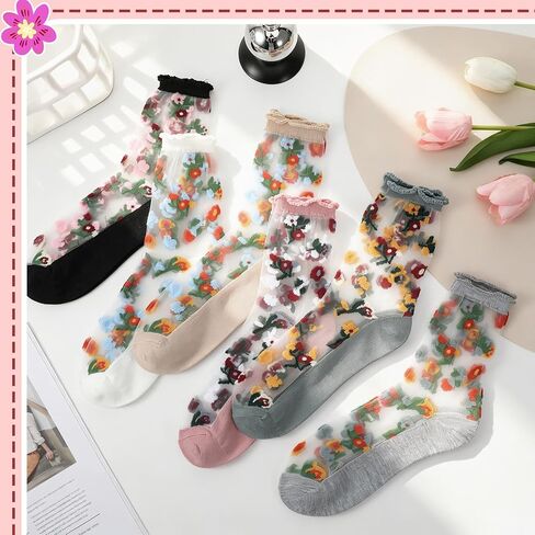 6 Pairs Women's Mesh Sheer Floral Socks Summer Thin Cool Transparent Stocking Ultrathin Lace Socks for Girls Womens in Kuwait