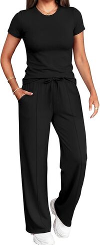 PINSV 2 Piece Lounge Sets for Women Casual Outfits Short Sleeve Tops Wide Leg Pants Tracksuit in Kuwait