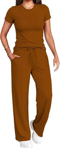 PINSV 2 Piece Lounge Sets for Women Casual Outfits Short Sleeve Tops Wide Leg Pants Tracksuit in Kuwait