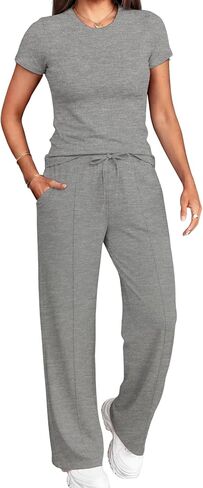 PINSV 2 Piece Lounge Sets for Women Casual Outfits Short Sleeve Tops Wide Leg Pants Tracksuit in Kuwait
