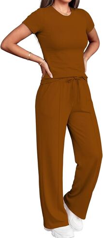 PINSV 2 Piece Lounge Sets for Women Casual Outfits Short Sleeve Tops Wide Leg Pants Tracksuit in Kuwait