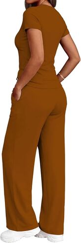 PINSV 2 Piece Lounge Sets for Women Casual Outfits Short Sleeve Tops Wide Leg Pants Tracksuit in Kuwait