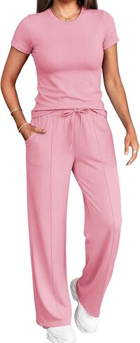 PINSV 2 Piece Lounge Sets for Women Casual Outfits Short Sleeve Tops Wide Leg Pants Tracksuit in Kuwait