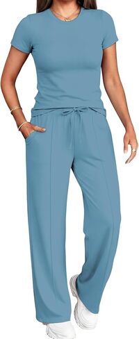 PINSV 2 Piece Lounge Sets for Women Casual Outfits Short Sleeve Tops Wide Leg Pants Tracksuit in Kuwait