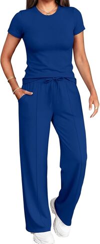 PINSV 2 Piece Lounge Sets for Women Casual Outfits Short Sleeve Tops Wide Leg Pants Tracksuit in Kuwait