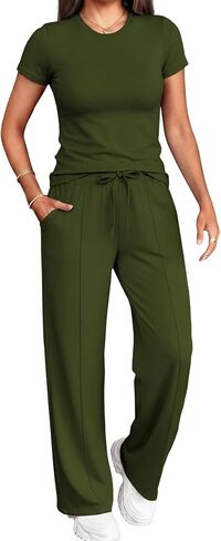 PINSV 2 Piece Lounge Sets for Women Casual Outfits Short Sleeve Tops Wide Leg Pants Tracksuit in Kuwait