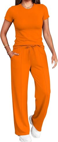 PINSV 2 Piece Lounge Sets for Women Casual Outfits Short Sleeve Tops Wide Leg Pants Tracksuit in Kuwait