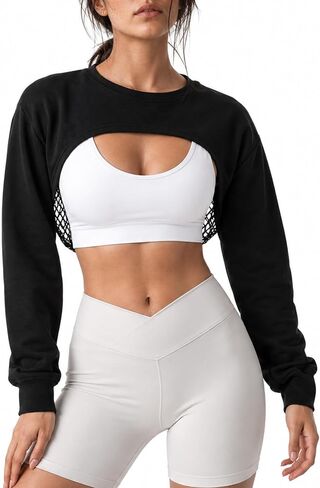 Remidoo Womens Fishnet Cropped Sweatshirt Mesh Crop Top Shrug Crewneck Long Sleeve Tops in Kuwait