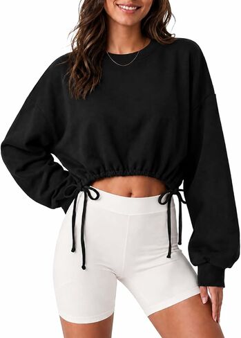 Remidoo Women's Drawstring Hem Cropped Sweatshirt Crewneck Balloon Long Sleeve Crop Top Casual Pullover in Kuwait