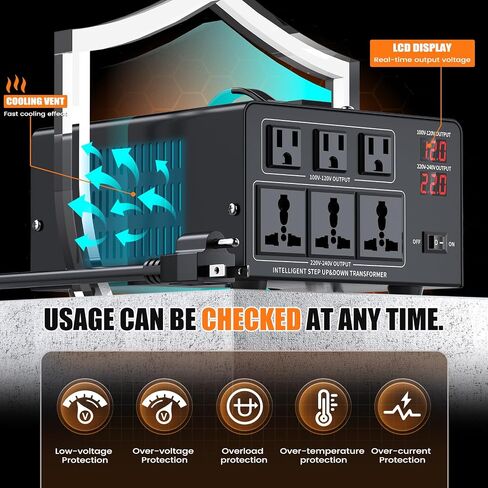 8000W Voltage Converter Transformer Step Up 110V/120V to220V/240V or Step Down 220V to 110V AC Power Converte, Circuit Breaker Protection, 3 US sockets, 3 Universal sockets, LCD Display in Saudi Arabia