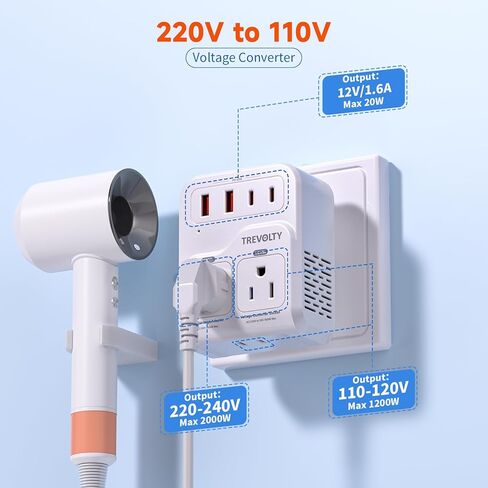 2000W Voltage Converter US to Europe for Hair Dryers, 7-in-1 220V to 110V Converter for European Travel with 3 AC/2 USBA/2 USBC Ports (PD20W), European Travel Adapter (White) in Saudi Arabia