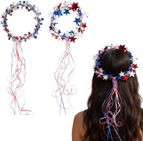 2pcs 4th Of July Star Leis Headband Patriotic Red White Blue Star Leis Headpiece With Long Tassels Independence Day American Flag wreaths Hairband Hair Accessories For Memorial Day Party Decoration in Saudi Arabia