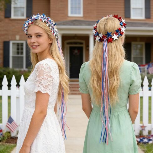 2pcs 4th Of July Star Leis Headband Patriotic Red White Blue Star Leis Headpiece With Long Tassels Independence Day American Flag wreaths Hairband Hair Accessories For Memorial Day Party Decoration in Saudi Arabia