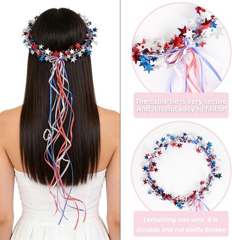 2pcs 4th Of July Star Leis Headband Patriotic Red White Blue Star Leis Headpiece With Long Tassels Independence Day American Flag wreaths Hairband Hair Accessories For Memorial Day Party Decoration in Saudi Arabia