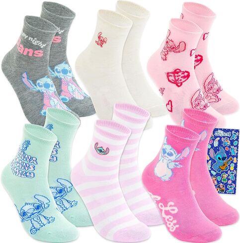 Stitch Socks for Women - Bundle with 6 Pairs of Disney Crew Socks Adult Size 4-10 Plus Stickers | Lilo and Stitch Gift Set for Teens, Women in Saudi Arabia