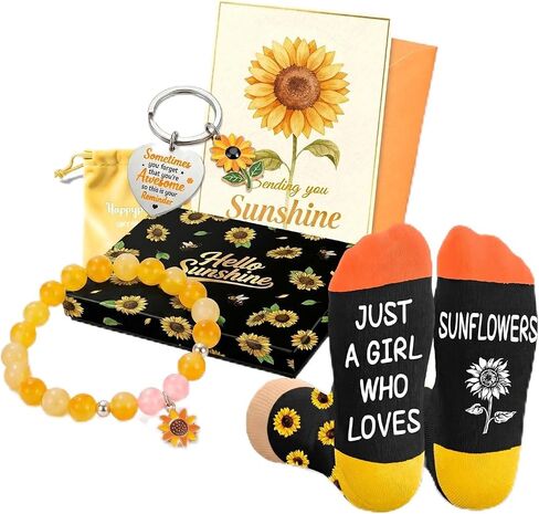 جوارب HAPPYPOP Sunflower للنساء - صندوق هدايا Sunshine مع سوار وسلسلة مفاتيح وبطاقة - عيد ميلاد، هدايا عيد الأم للأم والصديق in Kuwait