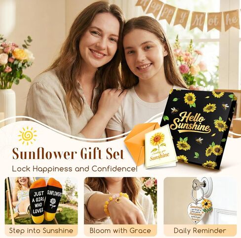 جوارب HAPPYPOP Sunflower للنساء - صندوق هدايا Sunshine مع سوار وسلسلة مفاتيح وبطاقة - عيد ميلاد، هدايا عيد الأم للأم والصديق in Kuwait