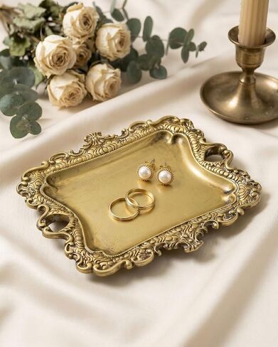 8x7 inch Vintage Gold Jewelry Tray, Middle Decorative Trinket Dish, Rings and Perfume Organizer for Vanity, Elegant Baroque Style Accessory for Wedding Detail Photography in Saudi Arabia