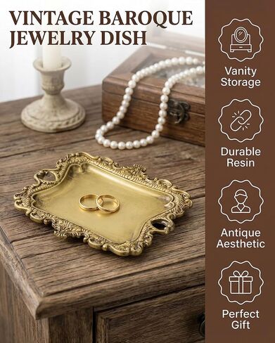 8x7 inch Vintage Gold Jewelry Tray, Middle Decorative Trinket Dish, Rings and Perfume Organizer for Vanity, Elegant Baroque Style Accessory for Wedding Detail Photography in Saudi Arabia