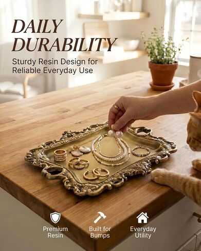 8x7 inch Vintage Gold Jewelry Tray, Middle Decorative Trinket Dish, Rings and Perfume Organizer for Vanity, Elegant Baroque Style Accessory for Wedding Detail Photography in Saudi Arabia