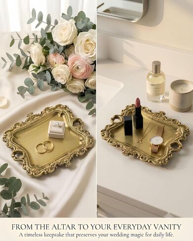 8x7 inch Vintage Gold Jewelry Tray, Middle Decorative Trinket Dish, Rings and Perfume Organizer for Vanity, Elegant Baroque Style Accessory for Wedding Detail Photography in Saudi Arabia