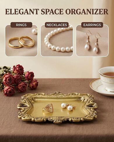8x7 inch Vintage Gold Jewelry Tray, Middle Decorative Trinket Dish, Rings and Perfume Organizer for Vanity, Elegant Baroque Style Accessory for Wedding Detail Photography in Saudi Arabia