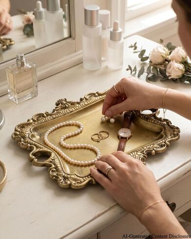8x7 inch Vintage Gold Jewelry Tray, Middle Decorative Trinket Dish, Rings and Perfume Organizer for Vanity, Elegant Baroque Style Accessory for Wedding Detail Photography in Saudi Arabia