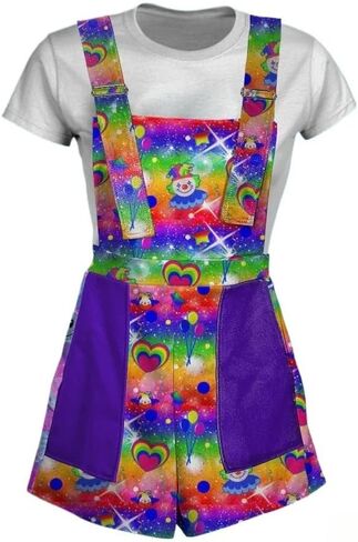 Women's Kawaii Clown Print Overalls Harajuku Dopamine Fashion Rainbow Diamond Pattern Suspender Jumpsuits Plus Size in Kuwait