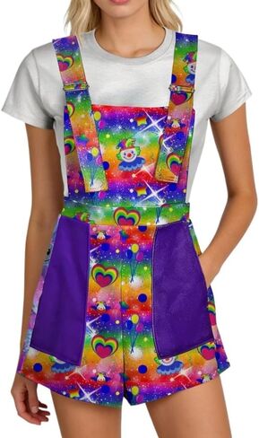 Women's Kawaii Clown Print Overalls Harajuku Dopamine Fashion Rainbow Diamond Pattern Suspender Jumpsuits Plus Size in Kuwait