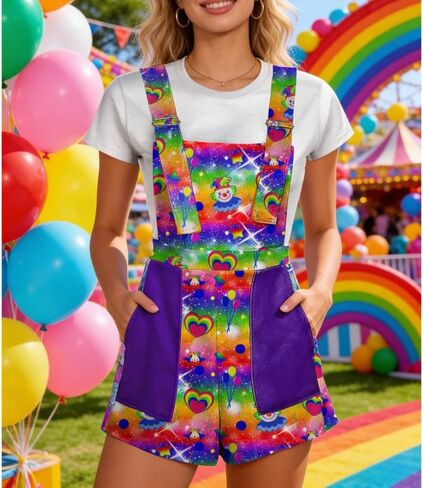 Women's Kawaii Clown Print Overalls Harajuku Dopamine Fashion Rainbow Diamond Pattern Suspender Jumpsuits Plus Size in Kuwait