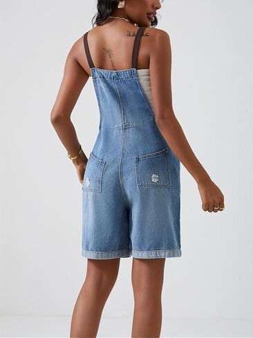 Women's Denim Overall Shorts,Adjustable Strap Cuffed Hem Denim Bib Overalls Shorts Romper,Summer Casual Outfits with Pockets in Kuwait