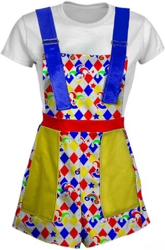 Women's Kawaii Clown Print Overalls Harajuku Dopamine Fashion Rainbow Diamond Pattern Suspender Jumpsuits Plus Size in Kuwait