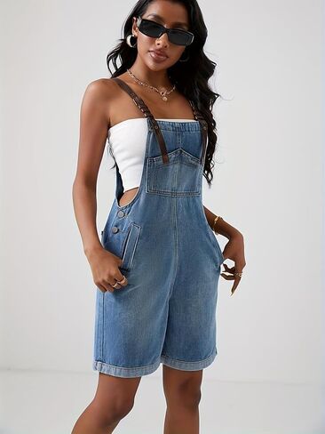 Women's Denim Overall Shorts,Adjustable Strap Cuffed Hem Denim Bib Overalls Shorts Romper,Summer Casual Outfits with Pockets in Kuwait