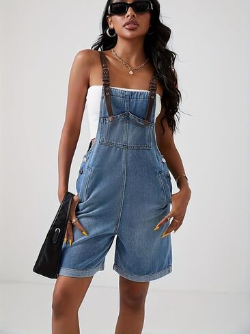 Women's Denim Overall Shorts,Adjustable Strap Cuffed Hem Denim Bib Overalls Shorts Romper,Summer Casual Outfits with Pockets in Kuwait