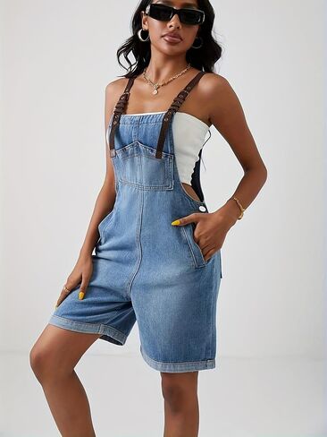 Women's Denim Overall Shorts,Adjustable Strap Cuffed Hem Denim Bib Overalls Shorts Romper,Summer Casual Outfits with Pockets in Kuwait