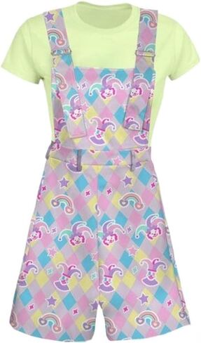 Women's Kawaii Clown Print Overalls Harajuku Dopamine Fashion Rainbow Diamond Pattern Suspender Jumpsuits Plus Size in Kuwait